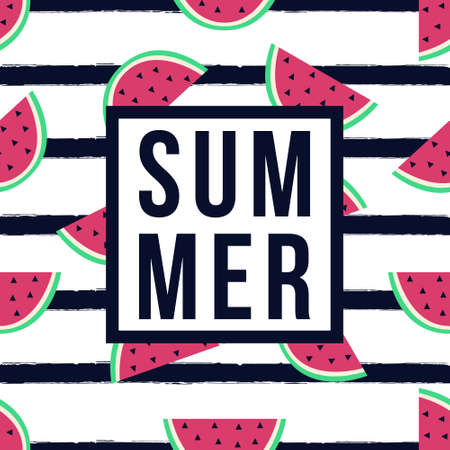 Vector Summer frame with seamless pattern with watermelon and black stripes. Cute fruit background.