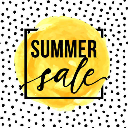 Vector illustration with yellow brush stroke with "Summer sale" in black frame. Watercolor acrylic background on seamless pattern with dots.のイラスト素材