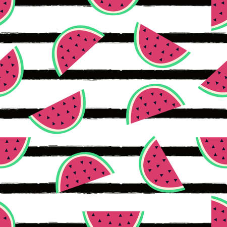 Vector seamless pattern with watermelon and black stripes. Cute summer fruit background.