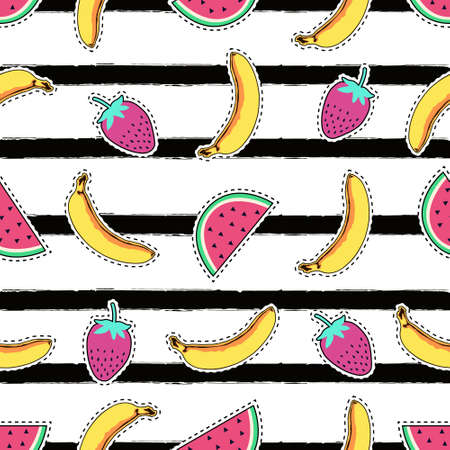 Vector seamless pattern with cute fruit patch badges: banana, watermelon and strawberry on striped background. Trendy summer collection of stickers, pins, patches in cartoon comic style.のイラスト素材