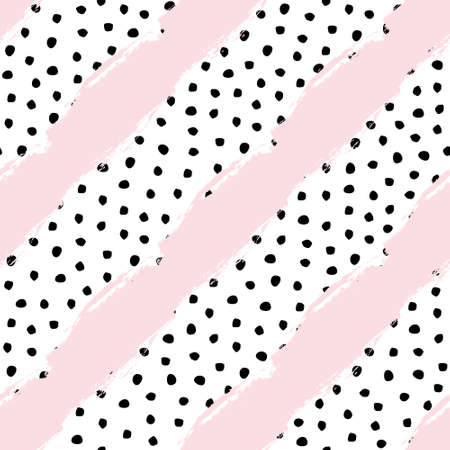 Vector seamless trendy stripes and polka dot pattern. Modern ink brush elements background. Great for print, wrapping paper, wallpaperのイラスト素材
