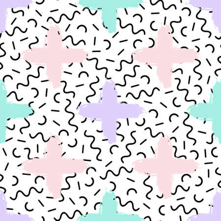 Vector seamless retro memphis pattern with geometric and hand drawn brush elements. Chaotic trendy geometry in hipster style. Suitable for posters, covers, prints.のイラスト素材