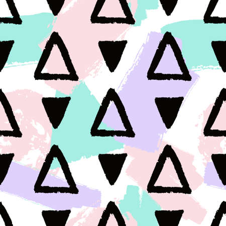 Vector abstract hand drawn seamless pattern with geometric and brush painted elements. Textured background with pastel colors. Poster, card, textile, wallpaper template.のイラスト素材