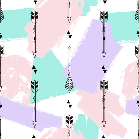 Vector seamless pattern with tribal arrows, triangles and brush painted elements. Boho styleのイラスト素材