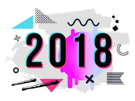 Vector trendy New Year 2018 greeting card with chaotic geometric and brush painted elementsのイラスト素材