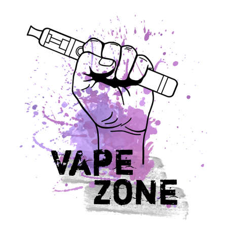Vector vape zone illustration with watercolor splash and hand holding electric tool for vaping. Vapor, electric cigarette, vaporizer e-cig icon.のイラスト素材
