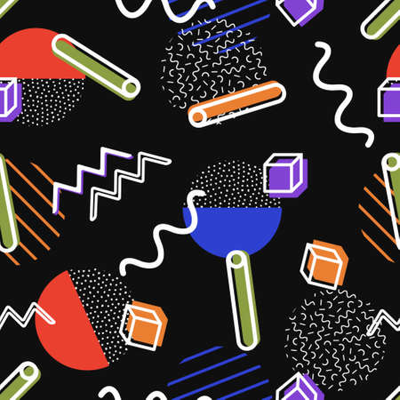 Vector seamless retro comic memphis pattern with geometric elements. Chaotic trendy geometry in...