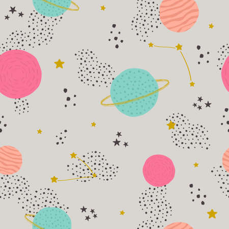 Vector seamless childish pattern with space elements: stars, planets, asteroids. Can be used for kids design, fabric, wallpaper, wrapping, textile, apparel.のイラスト素材