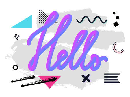 Vector illustration with geometric and brush painted elements. Modern liquid typography Hello on textured background. Poster, card, wallpaper template.のイラスト素材