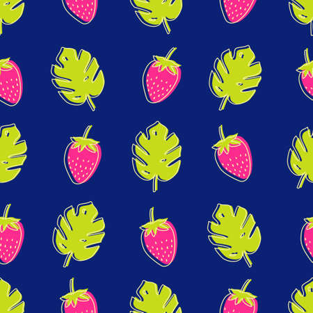 Vector seamless pattern with monstera palm leaves and strawberries. Trendy summer tropical design.のイラスト素材
