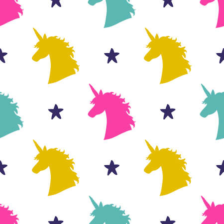 Vector seamless pattern with magical unicorn head silhouettes and stars. Inspirational design for print, banner, poster, fashion.のイラスト素材