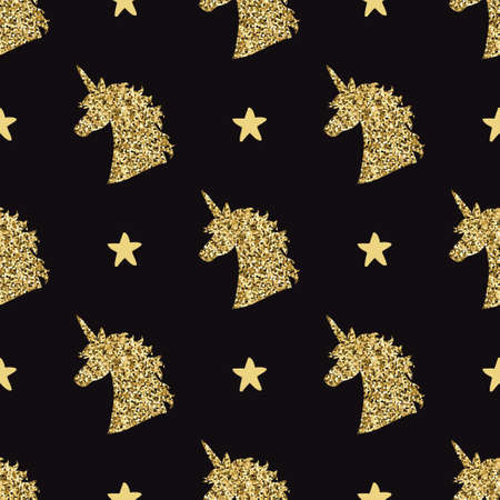 Vector seamless pattern with golden magical unicorn head silhouettes and stars. Inspirational design for print, banner, poster, fashion.のイラスト素材