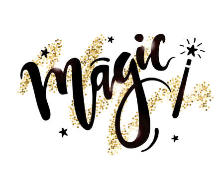 Vector hand drawn lettering of word Magic with magic wand on shiny golden background. Can be used as greeting card, party poster, advertising, banner.のイラスト素材