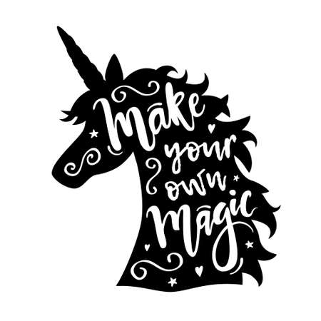 Vector illustration of unicorn head silhouette with Make Your Own Magic phrase. Inspirational design for print, banner, poster, fashion.のイラスト素材