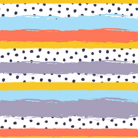 Vector abstract hand drawn seamless pattern with striped geometric brush painted elements and polka dots. Textured background for poster, card, textile, wallpaper template.のイラスト素材