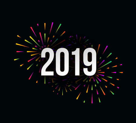 Vector Happy New 2019 Year trendy illustration with festive typographic composition and abstract multicolored fireworksのイラスト素材