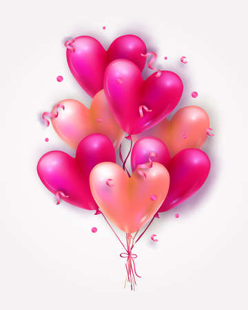 Vector holiday romantic illustration with realistic 3D flying bunch of air balloon hearts, confetti and ribbons. Trendy Valentine's Day invitation, poster or festive greeting cardのイラスト素材