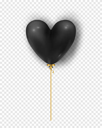 Vector glossy black air balloon in heart form. Illustration of realistic air 3d balloon isolated on transparent background.のイラスト素材