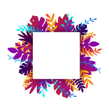 Vector natural illustration in trendy flat style with gradient vibrant colored exotic plants, flowers, leaves and place for text. Modern botanical square frame for banner, greeting card, poster.のイラスト素材