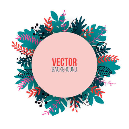Vector natural illustration in trendy flat style with colorful exotic plants, flowers, leaves and place for text. Modern botanical round frame for banner, greeting card, poster.のイラスト素材