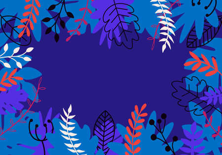 Vector natural horizontal background in trendy flat style with multicolored exotic plants, leaves and place for text. Modern botanical illustration for banner, greeting card, poster.のイラスト素材