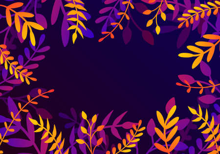 Vector natural horizontal background in trendy flat style with gradient colored exotic plants, leaves and place for text. Modern botanical illustration for banner, greeting card, poster.のイラスト素材