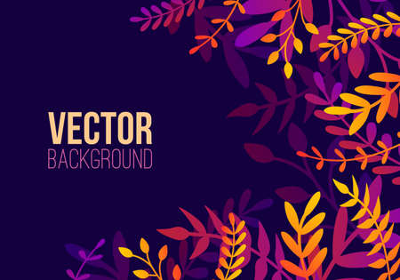 Vector natural horizontal background in trendy flat style with gradient colored exotic plants, leaves and place for text. Modern botanical illustration for banner, greeting card, poster.のイラスト素材