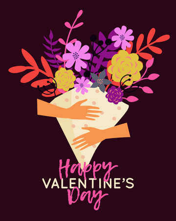 Vector Happy Valentine's Day illustration with hands holding bouquet of flowers. Trendy greeting card, poster, flyer.のイラスト素材