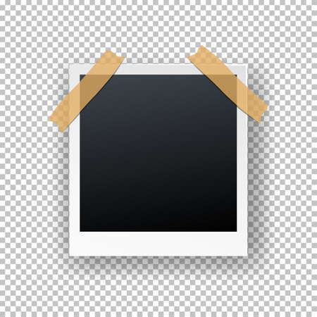 Vector retro realistic instant photo card hanging on sticky tape isolated on transparent background. Illustration of photo frame with shadow effect.のイラスト素材