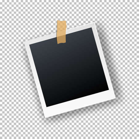 Vector retro realistic instant photo card hanging on sticky tape isolated on transparent background. Illustration of photo frame with shadow effect.のイラスト素材