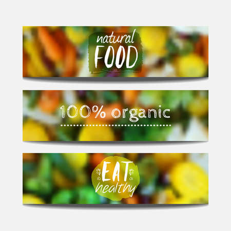 Vector banners design template with blur background with vegetables. Healthy fresh food, vegeterian and eco concept. Can be used for presentation, web, flyer, magazine, cover, poster.のイラスト素材