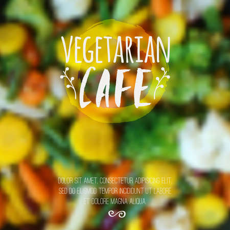 Vector blurred background with vegetables and eco label. Healthy fresh food, vegetarian and eco concept. Can be used for presentation, web, flyer, magazine, cover, poster.のイラスト素材