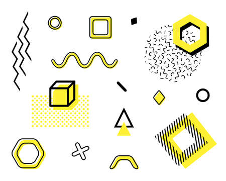 Vector set with trendy geometric shapes. Retro funky graphic, 90s and 80s design elements for magazine, leaflet, billboard, print, cover, bannersのイラスト素材
