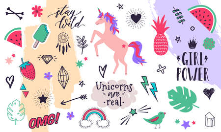 Vector modern collection of decorative design elements hand drawn in trendy doodle style - fruits, animals, plants, symbols. Colorful vector set for with handwritten slogans or phrases for T-shirt prints, posters, bannersのイラスト素材