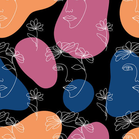 Vector seamless pattern of one line drawing abstract flowers and beautiful young woman and geometric liquid shapes. Hand drawn modern minimalistic design for fashion, print, textileのイラスト素材