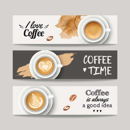 Vector set of modern banners with coffee backgrounds. Trendy templates for flyers, posters, invitations, restaurant or cafe menu design.のイラスト素材