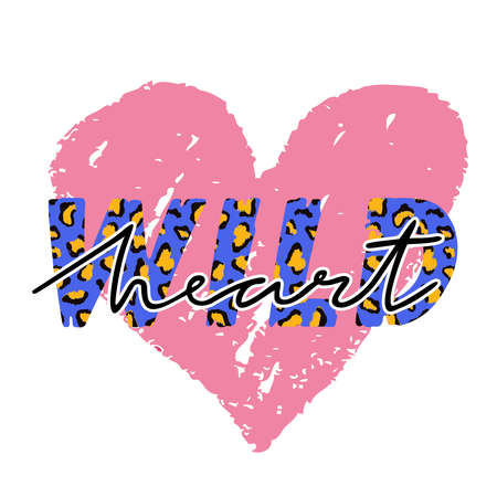 Vector illustration with Wild heart slogan with leopard skin. T-shirt design, typography graphics for fashion print or poster.のイラスト素材