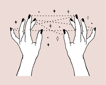 Vector illustration of women's hands holding stars. Trendy linear and minimal boho tattoo style for logo, emblem, t-shirt fashion print, stickers, skin care or cosmetics brandingのイラスト素材