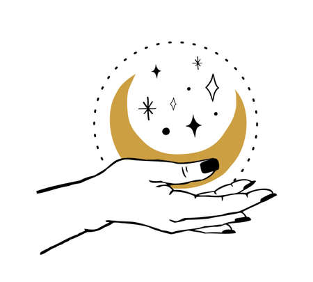 Vector illustration of women's hand holding Moon and stars. Trendy linear and minimal boho tattoo style for logo, emblem, t-shirt fashion print, stickers, skin care or cosmetics brandingのイラスト素材