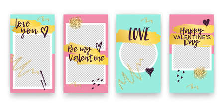 Vector set with trendy editable templates for social networks stories. Valentine's Day modern banners with hearts and phrasesのイラスト素材
