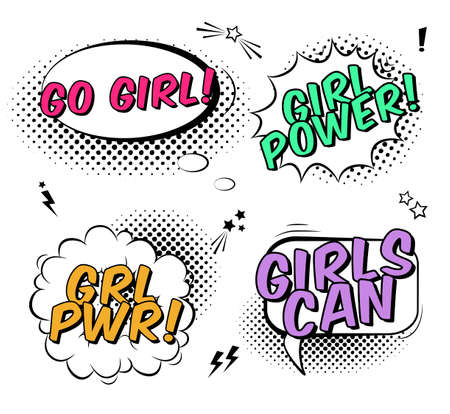 Vector set with comics speech bubbles and Girl Power slogans. Women's rights and solidarity theme, feminism concept. Trendy cartoon backgrounds with halftone dotted effect in modern pop art fun styleのイラスト素材