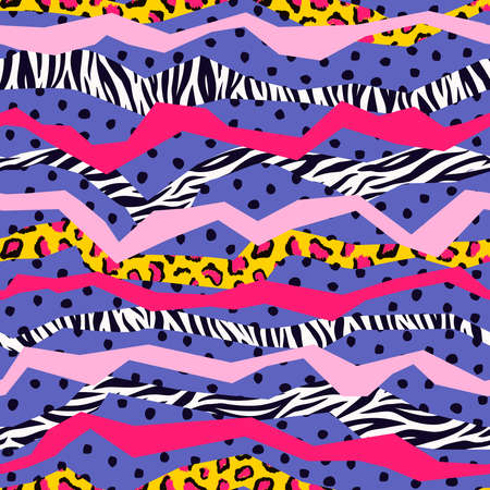Vector zebra and leopard seamless geometric pattern design with stripes. Colorful fashion animal...