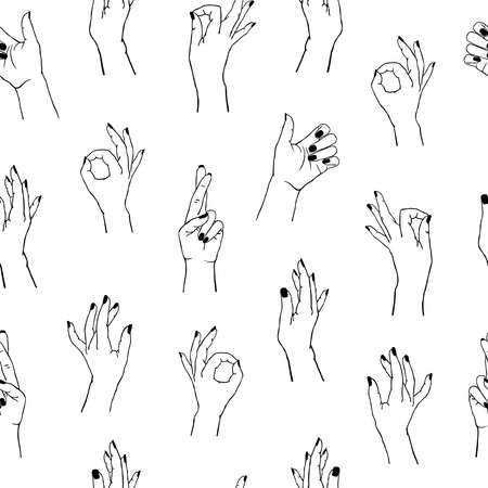 Vector seamless pattern of different gestures. Collection of female hands in different positionsのイラスト素材