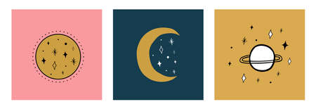 Vector collection of mystical and mysterious cards in hand drawn style. Space objects, magic ball,...