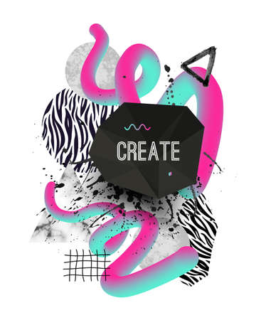 Vector trendy geometric background with marble stones, doodle textures, fluid shapes, animal zebra print. Geometrical shapes in minimal modern style with dots and watercolor elementsのイラスト素材