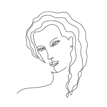 Vector abstract trendy illustration of one line drawing of woman. Modern artwork  in minimal linear style isolated on white background. Female portrait for t-shirt fashion print,   emblem, templateのイラスト素材