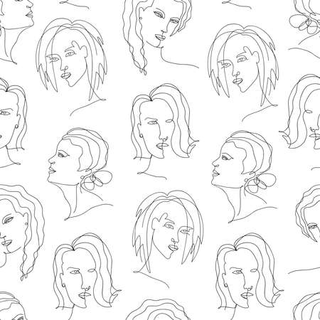 Vector abstract trendy seamless pattern with one line drawing of woman. Modern artwork  in minimal linear style. Female portrait for t-shirt fashion print, template for cosmetics, beauty or spa salonのイラスト素材