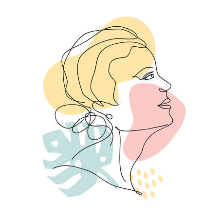 Vector abstract trendy illustration of one line drawing of woman with geometric elements and monstera leaf. Modern artwork in minimal linear style isolated on white background. Female portraitのイラスト素材