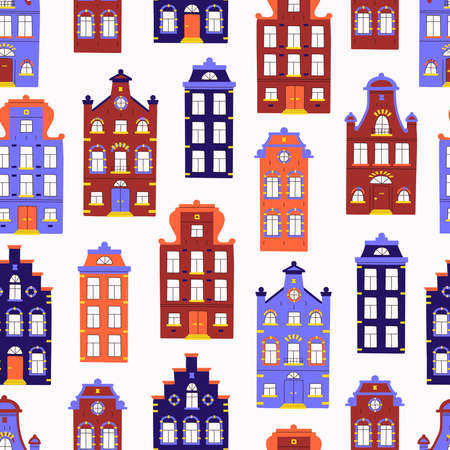 Vector cute seamless pattern with doodle traditional houses. Vector background of multi-colored facades of old buildings in scandinavian trendy style.のイラスト素材