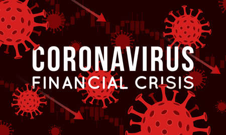 Vector concept illustration of impact of coronavirus on the stock exchange and global economy. Covid-19 virus causes market fall down. Background with candlestick stock charts and viruses.のイラスト素材